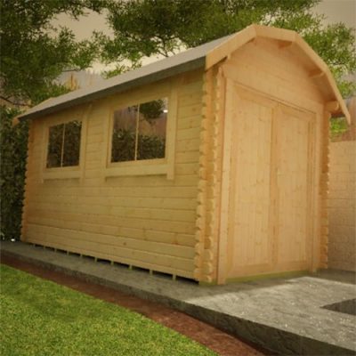 28mm barn style log cabin garden shed with solid double doors and two side windows.