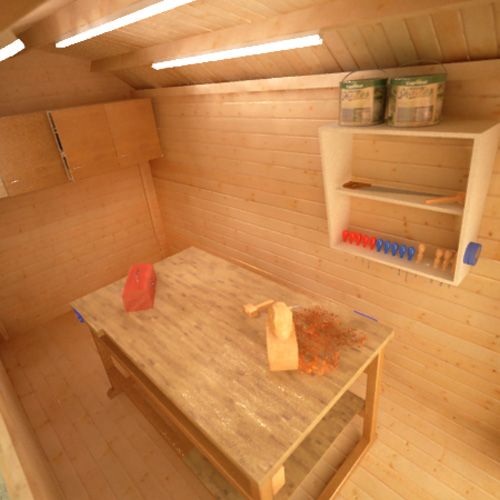 Interior of 28mm log cabin garden shed being used as a workshop.