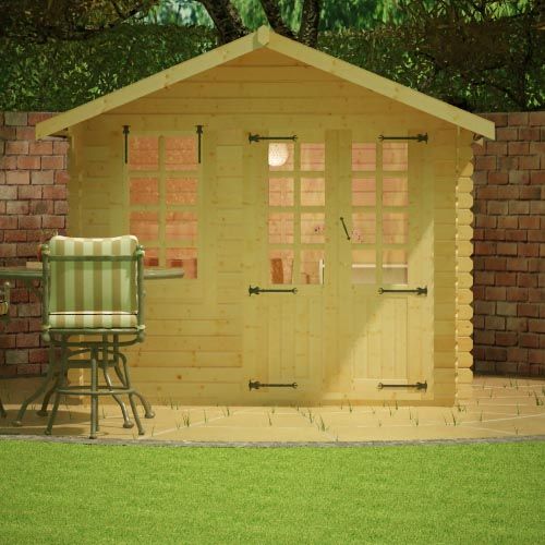 19mm log cabin with half glazed double doors, front window and apex roof, situated on patio.
