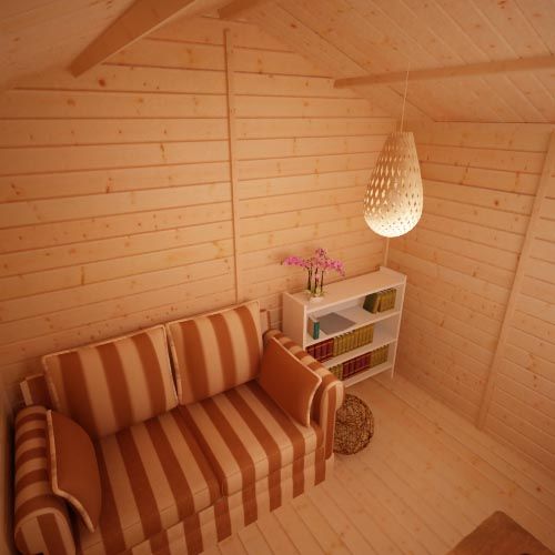 Interior of 19mm log cabin with striped neutral sofa, book case and ceiling light.