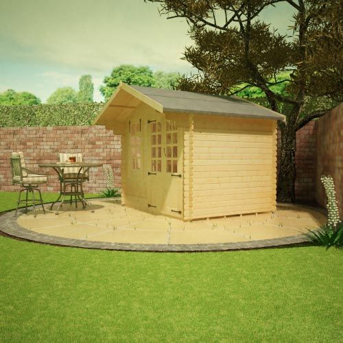 19mm log cabin with half glazed double doors, front window and overlapping apex roof, situated on a patio.