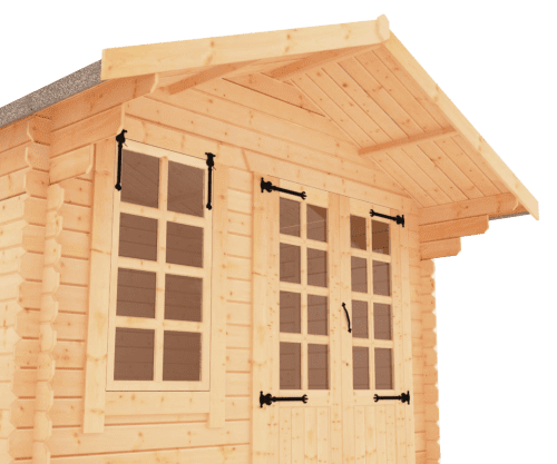 19mm log cabin with half glazed double doors, front window and overlapping apex roof.
