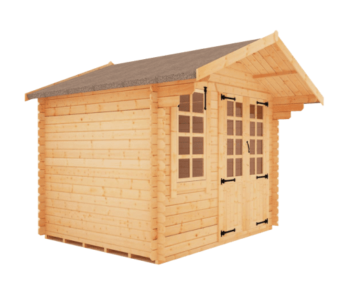 19mm log cabin with half glazed double doors, front window and overlapping apex roof.