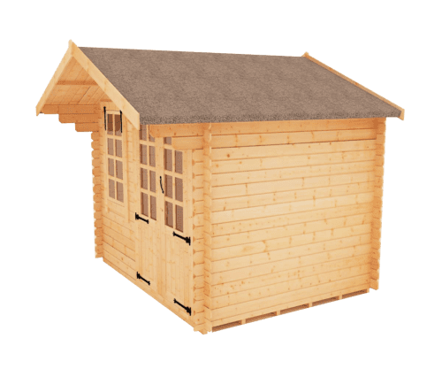 19mm log cabin with half glazed single door, front window and apex roof.