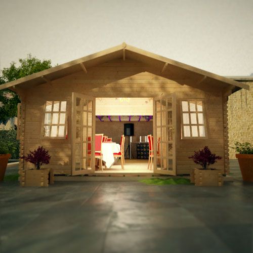 44mm log cabin with open fully glazed double doors, two side windows and apex roof, situated next to garden area.