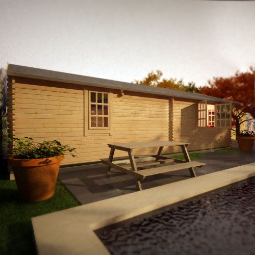 Side view of 44mm log cabin with two side windows and apex roof, situated next to garden area.