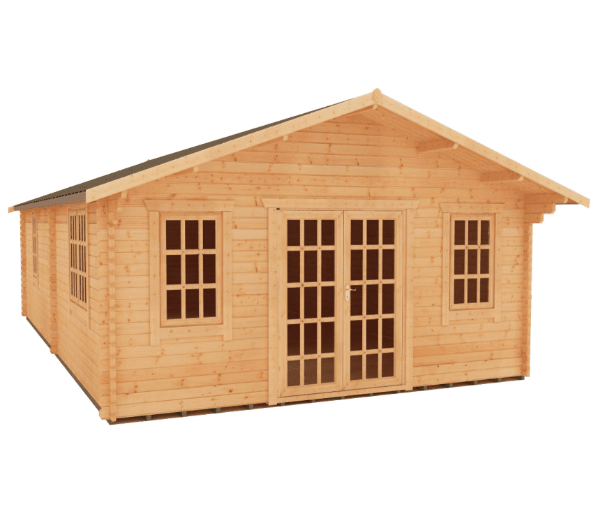 44mm log cabin summerhouse with fully glazed double doors, two front windows, two side windows and apex roof.