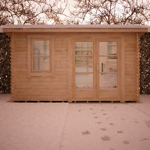 44mm log cabin with fully glazed double doors, front window and pent style roof, in the snow.