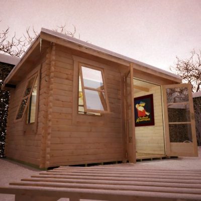44mm log cabin with open fully glazed double doors, open front and side window, and pent style roof, in the snow.