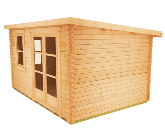 44mm log cabin with fully glazed double doors, front window, side window and pent style roof.