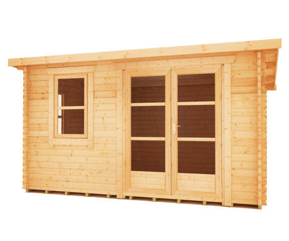 44mm log cabin with fully glazed double doors, front window, side window and pent style roof.