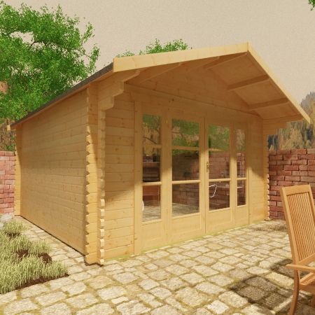 44mm log cabin with fully glazed double doors and overlapping apex roof, next to wooden garden furniture.