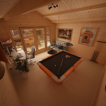 Interior of 44mm log cabin furnished with sofa, pool table and computer desk.