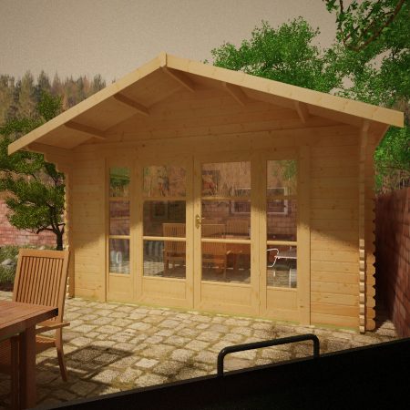 44mm log cabin summerhouse with fully glazed double doors and apex roof.