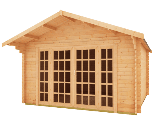 44mm log cabin summerhouse with full length Euro styled double doors, fixed windows and apex roof.