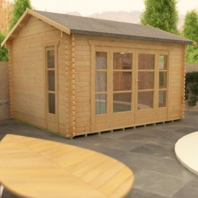 44mm log cabin with full length windows, fully glazed double doors and apex roof.