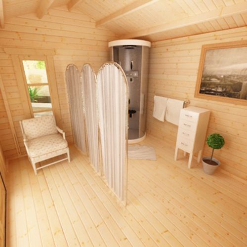 Decorated interior of 44mm log cabin, featuring a chair, shower and a painting on the wall.