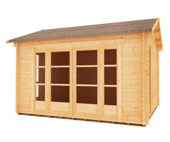 44mm log cabin with full length windows, fully glazed double doors and apex roof.