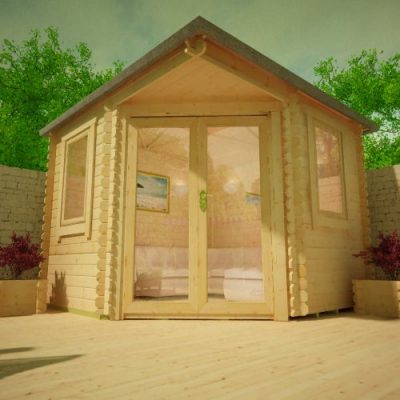 28mm corner log cabin with fully glazed double doors, two windows and hip roof design.