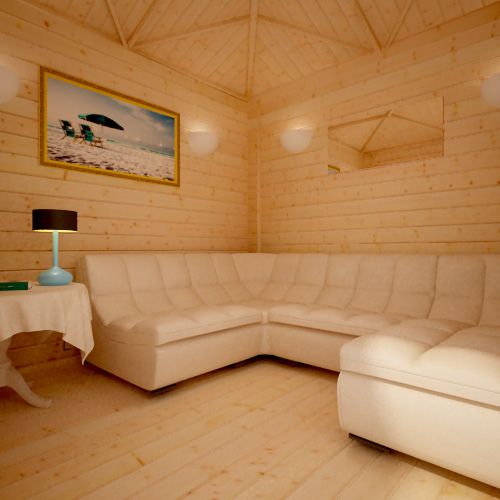 Interior of furnished 28mm corner log cabin, featuring white corner sofa, side table and wall hanging.