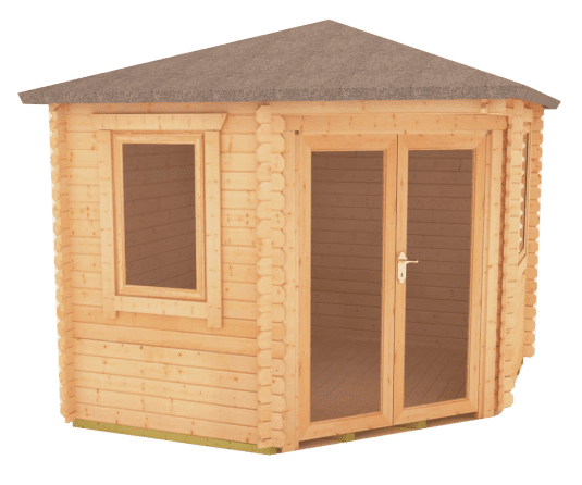 28mm corner log cabin with fully glazed double doors, two windows and hip roof design.
