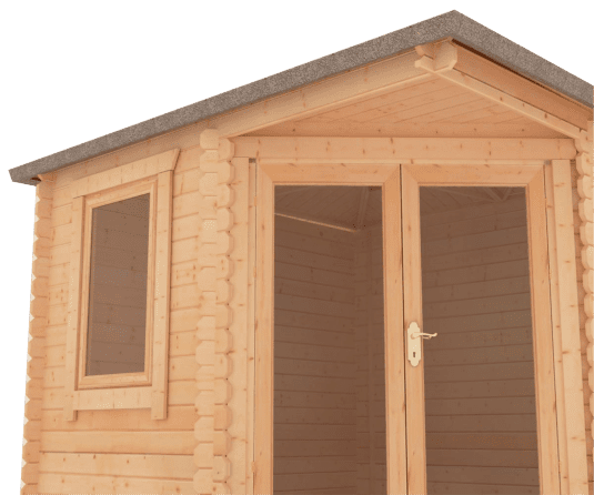 28mm corner log cabin with fully glazed double doors, two windows and hip roof design.