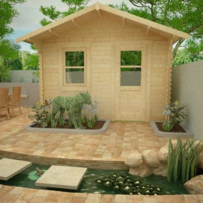 28mm log cabin, with single door, one front window, two side windows and apex roof, situated in a garden.28mm log cabin, with single door, one front window, two side windows and apex roof, situated in a garden.