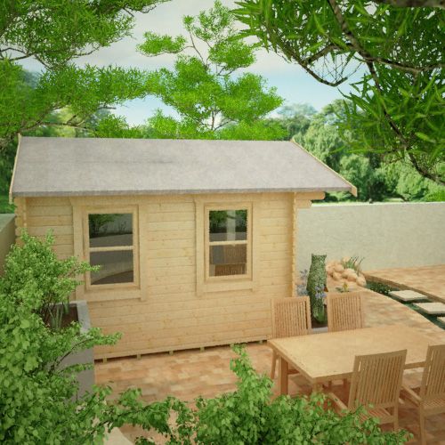 28mm log cabin, with single door, one front window, two side windows and apex roof, situated in a garden.
