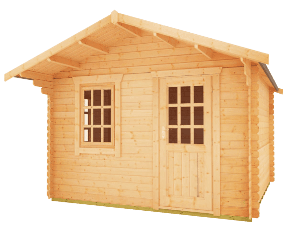 28mm log cabin with single door, front window and overlapping apex roof.