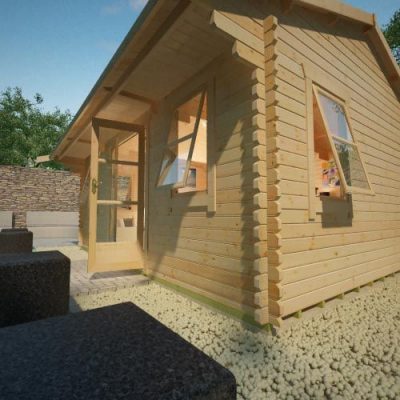 44mm log cabin with fully glazed double doors, three open windows and overlapping apex roof, situated on patio.