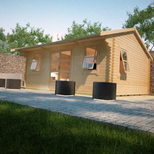 44mm log cabin with fully glazed double doors, three open windows and overlapping apex roof, situated on patio.