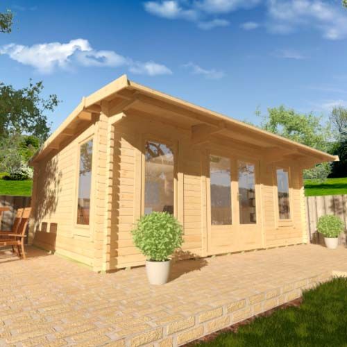 44mm log cabin with double doors, two front windows and grooved interlocking logs, in a back garden.