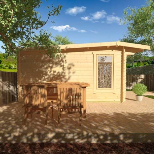 44mm log cabin with double doors, two front windows and grooved interlocking logs, in a back garden.