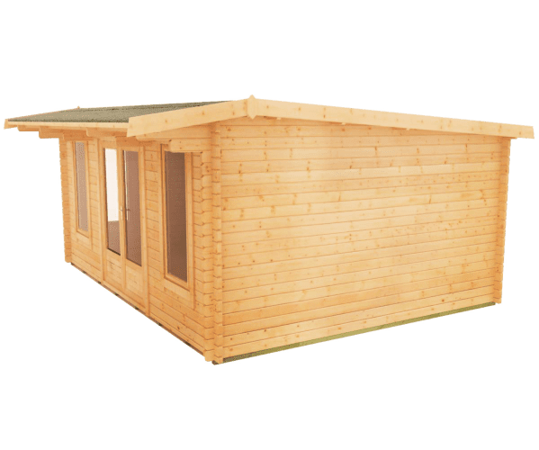 44mm log cabin with roof overhang, double doors, two front windows and one side window.