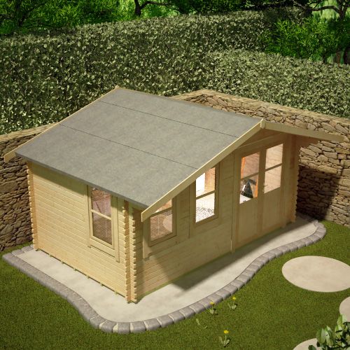 44mm log cabin with half glazed double doors, front windows and overlapping apex roof, situated on patio.