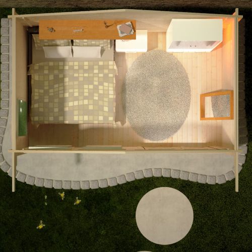 Ariel view of 44mm log cabin decorated as a bedroom, with grey double bed, grey circular rug and white wardrobe.