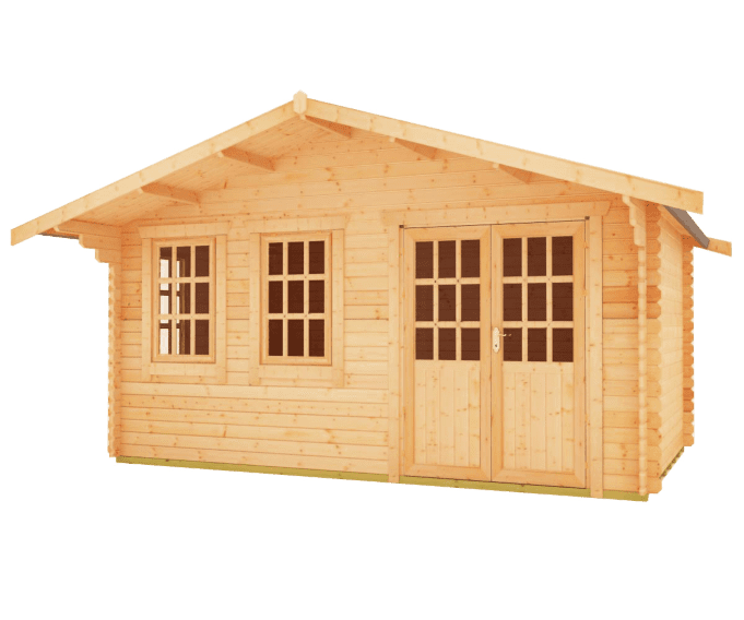 44mm log cabin with half glazed double doors, two front windows, side window and overlapping apex roof.