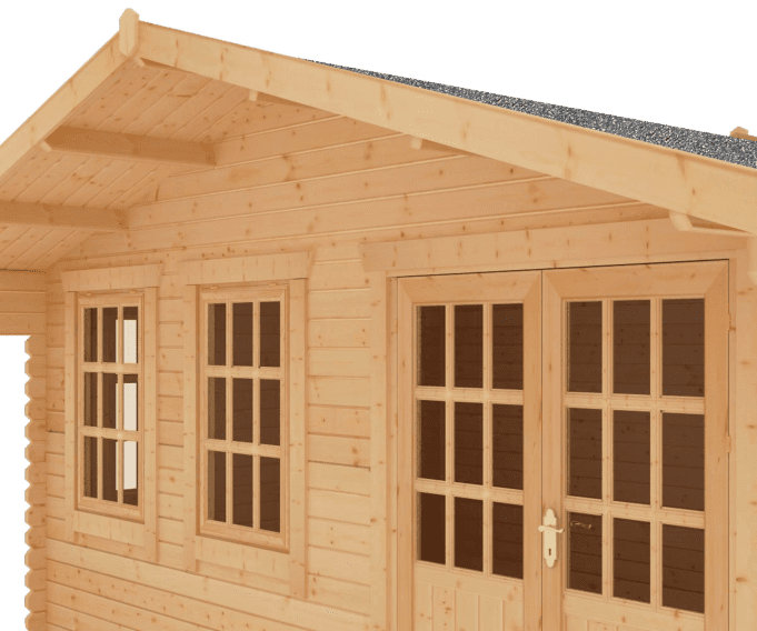 44mm log cabin with half glazed double doors, two front windows, side window and overlapping apex roof.