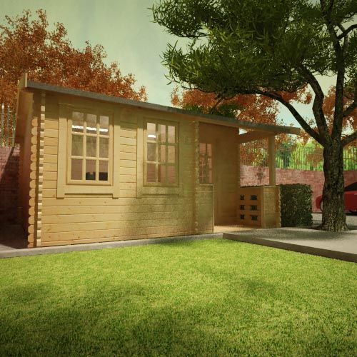 44mm log cabin with single door, front and side windows, porch and apex roof, situated in a garden.