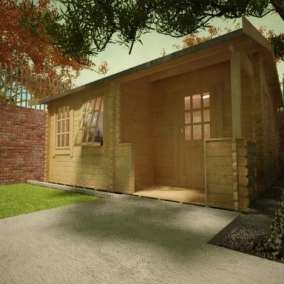 44mm log cabin with single door, front and side windows, porch and apex roof, situated in a garden.
