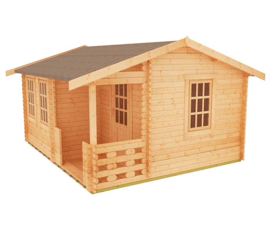 44mm log cabin with single door, front and side windows, porch and apex roof.