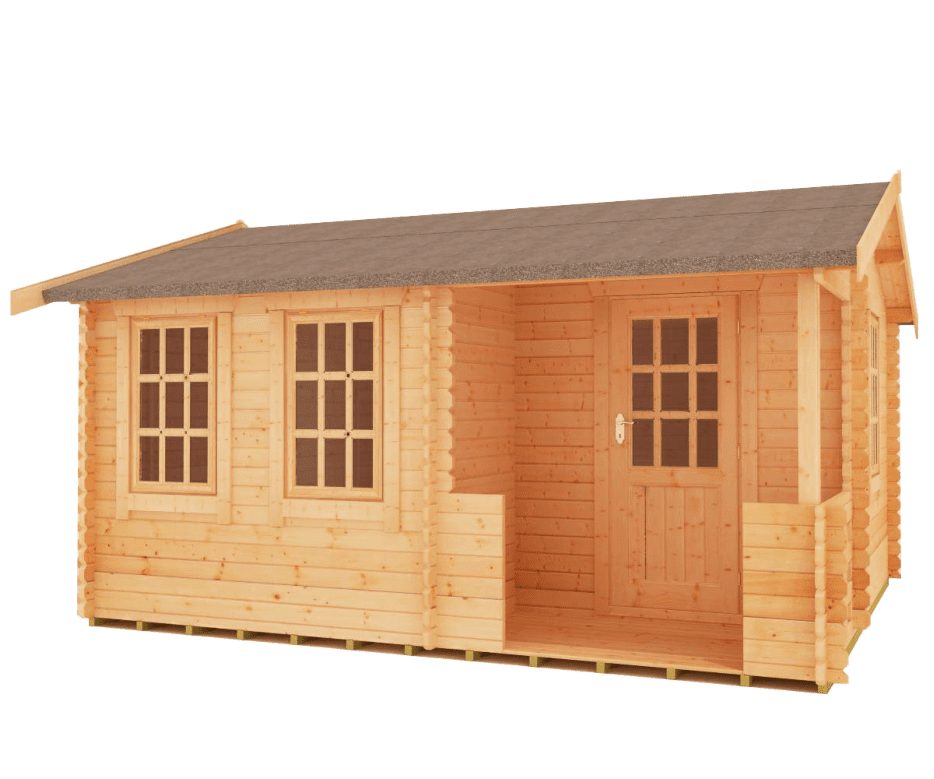 44mm log cabin with single door, front and side windows, porch and apex roof.