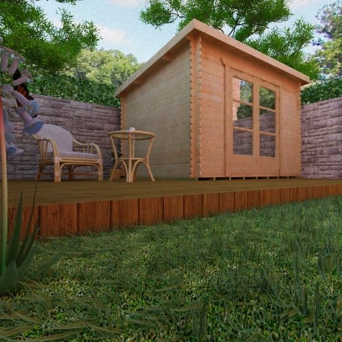 28mm log cabin with fully glazed double doors and pent style roof, situated on decking.