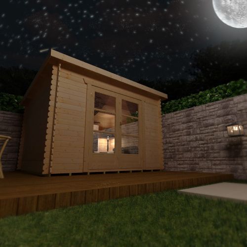 28mm log cabin with fully glazed double doors and pent style roof, at night.