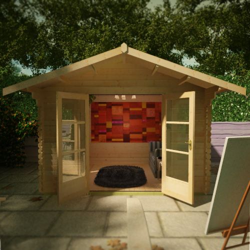 Open fully glazed double doors showing interior of 28mm log cabin with orange wall hanging, with apex overlapping roof.