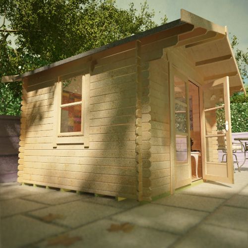 28mm log cabin with fully glazed double doors, side window and apex overlapping roof.