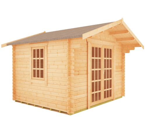 28mm log cabin with fully glazed double doors, side window and apex overlapping roof.