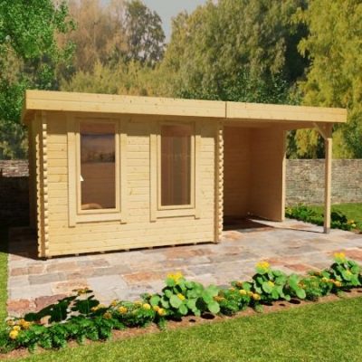 44mm log cabin with two front windows, fully glazed double doors, porch and pent style roof.