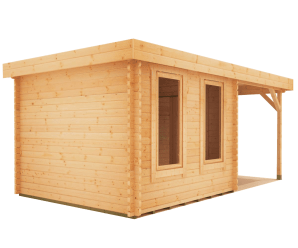 44mm log cabin with two front windows, fully glazed double doors, porch and pent style roof.