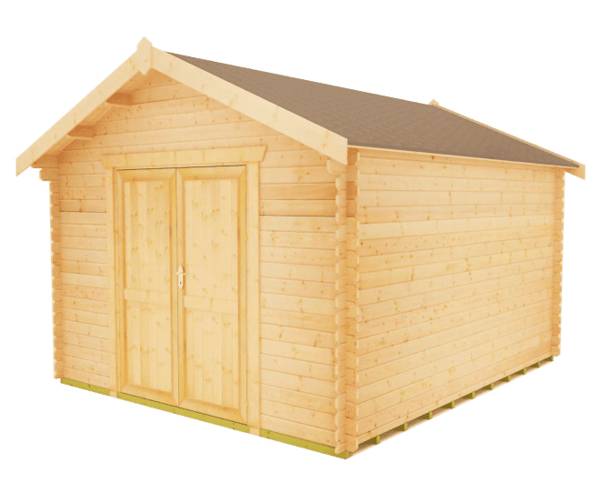 28mm log cabin with solid double doors, two side windows and apex roof.